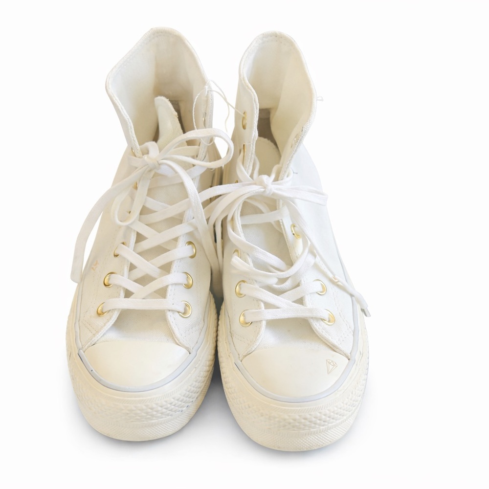 Converse White High Top Sneakers with Gold Eyelets & Blue Details